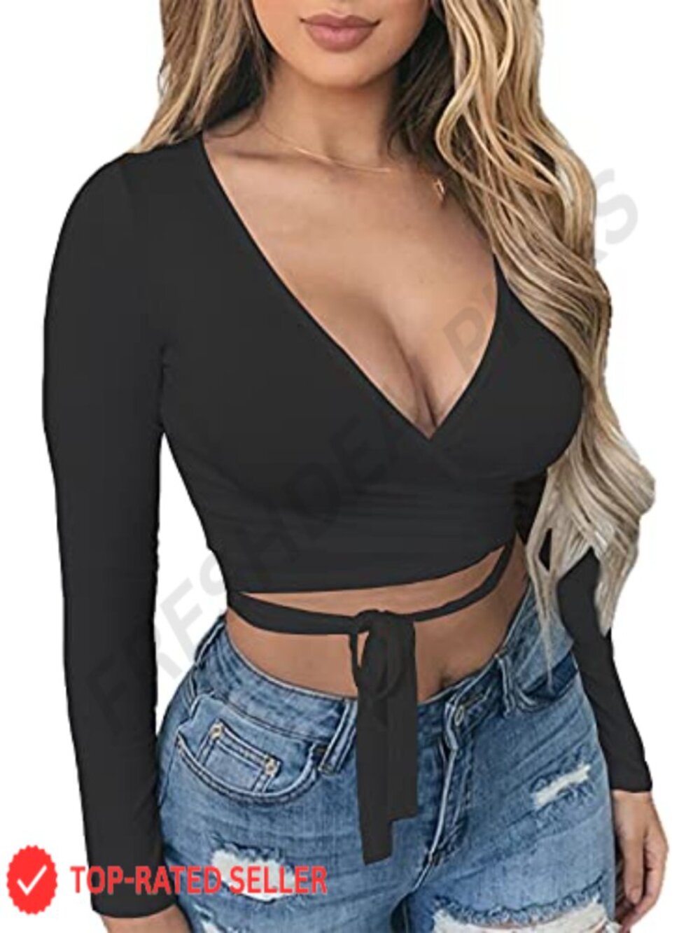 Artfish Deep V Neck Cross Wrap Tie Long Sleeve Crop Top Fitted Club Party Shirt